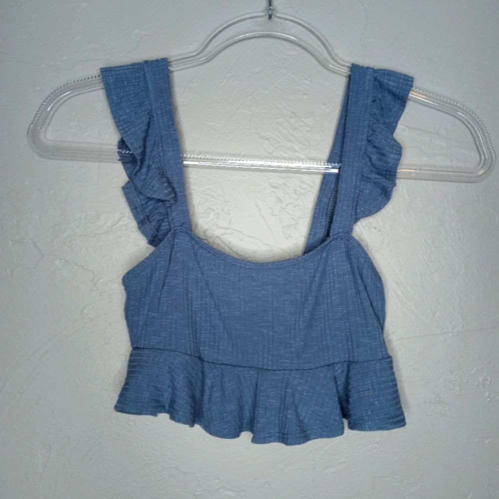 Urban Outfitters Blue Ribbed Crop Peplum Tank with Flutter Sleeve